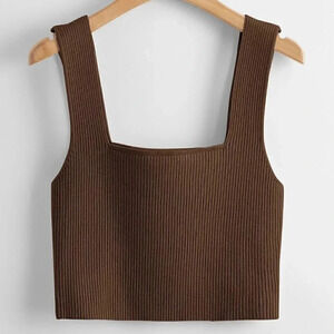 Coffee Brown Casual Women's Solid Ribbed Knit Top